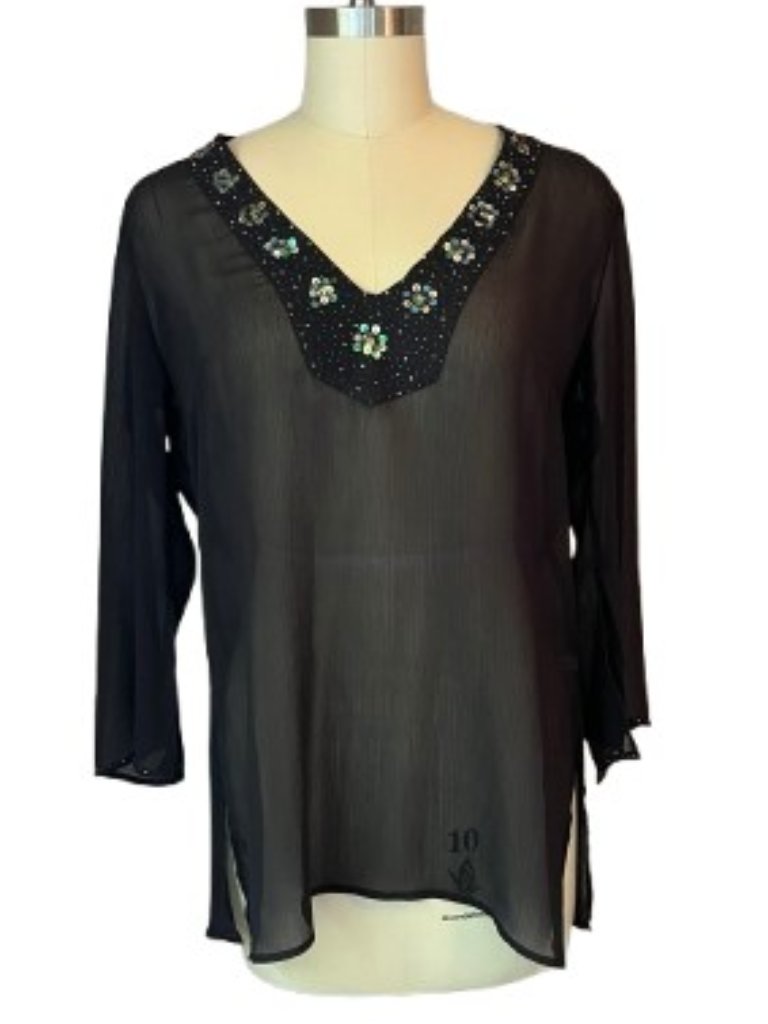 Sheer Tunic Cover-Up Brown W/ Sequin Trim Ny & Co Large